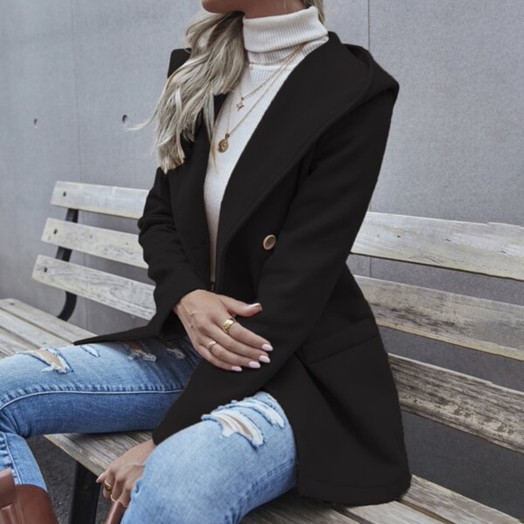 Grey hoodie double breasted fall button pea coat Jacket - Picture 2 of 10